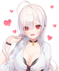 Rule 34 | 1girl, :d, a20 (atsumaru), ahoge, black bra, black choker, blush, bra, breasts, choker, cleavage, collarbone, collared shirt, commission, dress shirt, ear piercing, earrings, eyes visible through hair, fang, grey hair, hair over one eye, hand up, heart, highres, jewelry, large breasts, long hair, looking at viewer, open mouth, original, piercing, red eyes, shirt, simple background, slit pupils, smile, solo, underwear, white background, white shirt