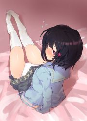 Rule 34 | 1girl, black hair, blush, caburi, character request, copyright request, from above, from behind, full body, grey skirt, hair bobbles, hair ornament, highres, no shoes, panties, purple eyes, sailor collar, short hair, sitting, skirt, solo, thighhighs, underwear, white panties, white thighhighs
