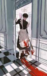 Rule 34 | 1boy, apron, assassin, axe, black dress, black footwear, black hair, blood, blood on clothes, blood on face, blood trail, bloody weapon, chandelier, checkered floor, crossdressing, door, doorway, dress, highres, holding, holding axe, huh 1222, indoors, maid, maid apron, original, short hair, weapon, white legwear