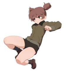 Rule 34 | 1girl, alisa (girls und panzer), black shorts, brown eyes, brown footwear, brown hair, brown jacket, clenched hand, closed mouth, commentary, frown, girls und panzer, grey socks, hair tie, highres, jacket, jumping, legs up, long sleeves, looking to the side, military, military uniform, no hair ornament, saunders military uniform, shoes, short hair, short shorts, short twintails, shorts, socks, solo, twintails, uniform, wata do chinkuru