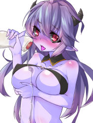 Rule 34 | 1girl, arunira, bikini, black sclera, blush, bottle, breasts, brll, cleavage, collarbone, colored sclera, colored skin, demon girl, demon horns, demon tail, highres, horns, long hair, looking at viewer, navel, open mouth, original, pointy ears, purple hair, purple skin, red eyes, simple background, solo, swimsuit, tail, towel, water, water bottle, white background