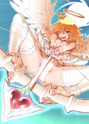 Rule 34 | 1girl, angel, angel wings, antenna hair, arrow (projectile), bad id, bad twitter id, barefoot, between toes, blonde hair, blue background, bow (weapon), breasts, cleavage, cross, cross earrings, drawing bow, earrings, feathered wings, feet, holding with feet, green eyes, halo, holding, holding bow (weapon), holding weapon, hounyouin, inactive account, jewelry, long hair, one eye closed, open mouth, outline, own hands together, panties, panty &amp; stocking with garterbelt, panty (psg), solo, spread legs, teeth, thighhighs, toes, underwear, upper teeth only, v arms, weapon, white panties, wings