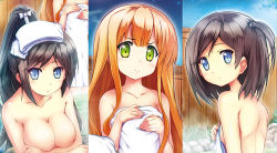 Rule 34 | 10s, 3:, 3girls, azuki azusa, bare shoulders, black hair, blonde hair, blue eyes, blush, breast hold, breasts, cherry blossoms, cleavage, collarbone, covering privates, green eyes, hentai ouji to warawanai neko., kashi, large breasts, long hair, multiple girls, naked towel, night, nude cover, onsen, ponytail, side ponytail, sky, small breasts, topless, towel, tsutsukakushi tsukiko, tsutsukakushi tsukushi, very long hair
