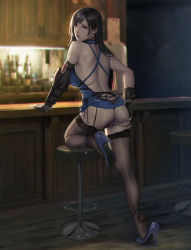 Rule 34 | 1girl, alternate costume, ass, ass support, back, bar (place), bare shoulders, black gloves, black hair, black panties, black thighhighs, blue footwear, blush, breasts, censored, clothing aside, crescent, crescent earrings, earrings, female pubic hair, final fantasy, final fantasy vii, fingerless gloves, from behind, full body, garter belt, gauntlets, gloves, high heels, highres, indoors, jeneral, jewelry, large breasts, long hair, looking at viewer, looking back, mosaic censoring, panties, panties aside, photoshop (medium), pubic hair, pussy, red eyes, revision, seventh heaven, solo, spread ass, spread pussy, spread pussy under clothes, square enix, standing, tavern, thighhighs, thighs, thong, tifa lockhart, tifa lockhart (refined dress), underwear, wall market