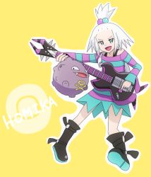 Rule 34 | 10s, 1girl, blue eyes, creatures (company), game freak, gen 1 pokemon, guitar, gym leader, hair bobbles, hair ornament, instrument, koffing, nintendo, pokemon, pokemon (creature), pokemon bw2, roxie (pokemon), shirt, striped clothes, striped shirt, white hair