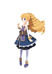 Rule 34 | 1girl, archer (disgaea), backless dress, backless outfit, bare shoulders, belt, blonde hair, blue eyes, detached sleeves, disgaea, disgaea rpg, dress, drill hair, flat chest, forearm at chest, full body, grey pantyhose, long hair, official art, open mouth, pantyhose, pointy ears, simple background, solo, strapless, strapless dress, twintails, white background