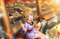 Rule 34 | 10s, 1girl, artist request, autumn leaves, bench, blush, bracelet, brown hair, bucket, collarbone, grey eyes, hair ornament, hairclip, headphones, headphones around neck, holding, holding leaf, idolmaster, idolmaster cinderella girls, idolmaster cinderella girls starlight stage, japanese clothes, jewelry, kimono, lamppost, leaf, long sleeves, looking at viewer, official art, onsen, open mouth, short hair, sidelocks, sitting, slippers, smile, soaking feet, solo, steam, stone floor, swept bangs, tada riina, towel, traditional clothes, tree, water, wooden bridge, wooden bucket, yukata