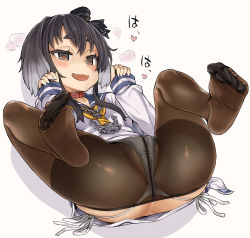 Rule 34 | 10s, 1girl, anus, anus peek, asanagi, ass, black hair, black pantyhose, blush, butt crack, clothes pull, collar, crotch seam, dress, eyebrows, fang, feet, hat, heart, heart-shaped pupils, heavy breathing, highres, kantai collection, lying, mini hat, no shoes, on back, open mouth, panties, panties under pantyhose, pantyhose, pantyhose pull, partially visible anus, partially visible vulva, presenting, sailor dress, short hair, short hair with long locks, side-tie panties, sidelocks, simple background, sleeves past wrists, smile, soles, solo, spread legs, string panties, symbol-shaped pupils, thick eyebrows, thighband pantyhose, toe scrunch, toes, tokitsukaze (kancolle), translated, underwear, white background, white panties