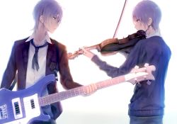 Rule 34 | 10s, 2boys, bad id, bad pixiv id, dual persona, from side, guitar, idolmaster, idolmaster side-m, instrument, looking at another, male focus, map (map imas), multiple boys, music, playing instrument, sakaki natsuki, silver hair, simple background, violin