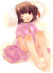 Rule 34 | 1girl, animal ears, bad id, bad pixiv id, bare legs, barefoot, brown eyes, brown hair, rabbit ears, carrot, carrot necklace, dress, female focus, highres, inaba tewi, jewelry, maccha cocoa, maccha cocoa (mococo), necklace, one eye closed, open mouth, pendant, pink dress, short hair, sitting, solo, touhou, wink