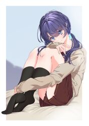 Rule 34 | 1girl, absurdres, black socks, blue eyes, blue hair, blue ribbon, border, brown cardigan, brown dress, cardigan, closed mouth, collarbone, commentary request, dark blue hair, dress, frontrivers kae, full body, hair ribbon, hasu no sora school uniform, highres, hugging own legs, legs folded, link! like! love live!, long hair, long sleeves, looking at viewer, love live!, low twintails, medium dress, mole, mole on neck, murano sayaka, no shoes, open cardigan, open clothes, outside border, pleated dress, purple hair, ribbon, sailor dress, school uniform, sitting, smile, socks, solo, thighs, twintails, white border, winter uniform