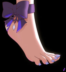 Rule 34 | 1girl, absurdres, ankle bow, ankle ribbon, artist logo, barefoot, black background, bow, commentary, commission, english commentary, feet, feet only, foot focus, genshin impact, highres, keqing (genshin impact), mohoshadream, nail polish, purple nails, ribbon, simple background, solo, spread toes, toenail polish, toenails, toes