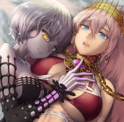 Rule 34 | 2girls, bikini, bikini top only, blue eyes, breasts, chain, colored skin, earrings, fate/grand order, fate (series), gold chain, grey hair, grey skin, hand on another&#039;s chest, highres, jacques de molay (foreigner) (fate), jacques de molay (foreigner) (third ascension) (fate), jewelry, large breasts, lizart, long hair, medium breasts, multiple girls, smile, swimsuit, torn clothes, yellow eyes, zenobia (fate)