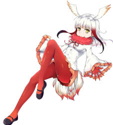 Rule 34 | 10s, 1girl, absurdres, bird tail, black footwear, blunt bangs, breasts, buttons, closed mouth, collar, frilled sleeves, frills, full body, fur collar, gloves, gradient hair, head wings, highres, japanese crested ibis (kemono friends), kemono friends, knee up, leg up, long hair, long sleeves, looking at viewer, mary janes, midair, miniskirt, multicolored hair, neck ribbon, outstretched arms, pantyhose, pleated skirt, red gloves, red hair, red pantyhose, red ribbon, red skirt, ribbon, shirt, shoes, sidelocks, silver hair, simple background, skirt, sleeves past wrists, small breasts, solo, spread fingers, tail, two-tone hair, wecna, white background, white shirt, wide sleeves, wings, yellow eyes