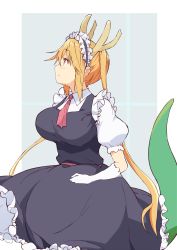 Rule 34 | 1girl, blonde hair, breasts, commentary request, dragon girl, dragon horns, dragon tail, elbow gloves, from side, gloves, highres, horns, jampen, kobayashi-san chi no maidragon, large breasts, long hair, looking away, maid, maid headdress, necktie, orange eyes, puffy short sleeves, puffy sleeves, short sleeves, solo, tail, tohru (maidragon), twintails, white gloves