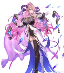 Rule 34 | 1girl, asymmetrical legwear, black thighhighs, boots, breasts, crystal, curled horns, dress, earrings, female focus, fire emblem, fire emblem heroes, floating, floating object, full body, gloves, gold trim, gradient hair, hair ornament, hairband, highleg, highleg leotard, highres, horns, jewelry, large breasts, leotard, long hair, looking away, mature female, mismatched legwear, multicolored hair, nerthus (fire emblem), nintendo, non-web source, official art, parted lips, pink hair, ponytail, purple eyes, purple hair, shiny clothes, short dress, sleeveless, smile, solo, thigh boots, thighhighs, transparent background, two-tone hair, veil, white gloves, white thighhighs, yoshiku (oden-usagi), zettai ryouiki