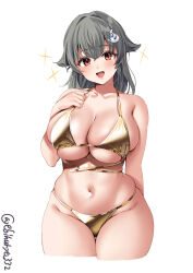 Rule 34 | 1girl, bare shoulders, bikini, blush, breasts, cleavage, collarbone, commentary, cropped legs, ebifurya, gold bikini, grey hair, hair flaps, hair intakes, hair ornament, hand up, highres, jingei (kancolle), kantai collection, large breasts, looking at viewer, navel, open mouth, simple background, skindentation, smile, solo, sparkle, stomach, strap gap, swimsuit, thigh gap, thighs, twitter username, underboob, white background