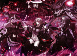 Rule 34 | 10s, 4girls, absurdres, abyssal ship, anchorage oni, aqua eyes, ass, black panties, bodysuit, breasts, cannon, cape, claws, colored skin, crazy smile, expressionless, floating fortress (kancolle), gauntlets, gloves, glowing, glowing eyes, grey hair, group picture, group profile, highres, jacket, kantai collection, large breasts, legs apart, lineup, long hair, looking to the side, machinery, matsuryuu, monster girl, multiple girls, no pants, open clothes, open jacket, outstretched arm, panties, profile, red eyes, sailor collar, shaded face, smile, smirk, southern ocean oni, southern ocean war oni, staff, ta-class battleship, twintails, underwear, white skin, wide stance, wo-class aircraft carrier