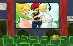 Rule 34 | 1girl, 4boys, bad id, bad pixiv id, black hair, blonde hair, braid, child, curtains, dress, faux traditional media, glasses, graphite (medium), hair ribbon, hat, jeff andonuts, lonely, mother (game), mother 2, mother 3, movie theater, multiple boys, ness (mother 2), nintendo, open mouth, outstretched arm, paula (mother 2), ponytail, poo (mother 2), porky minch, ribbon, shirt, shorts, sketch, speaker, striped clothes, striped shirt, theater, traditional media, tuxedo
