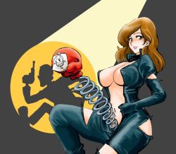 Rule 34 | 1girl, arsene lupin iii, azuki osamitsu, blush, bodysuit, boxing gloves, breasts, brown hair, gun, large breasts, lipstick, lupin dive, lupin iii, makeup, mine fujiko, no bra, open bodysuit, open clothes, sexually suggestive, silhouette, smile, solo, tms entertainment, torn clothes, unzipped, weapon, what