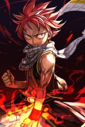 Rule 34 | 1boy, aura, clenched hands, closed mouth, fairy tail, frown, hungry clicker, jacket, legs apart, looking at viewer, male focus, natsu dragneel, red hair, sanpaku, scarf, sleeveless, sleeveless jacket, solo, standing, upper body, white scarf, wristband