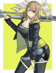 1girl black_bodysuit black_choker black_jacket blue_eyes bodysuit breast_tattoo breasts brown_hair choker cleavage eunie_(xenoblade) hand_on_own_thigh head_wings highres holding holding_weapon hood jacket large_breasts long_hair looking_at_viewer medium_hair open_clothes over_shoulder simple_background smile solo tattoo weapon weapon_over_shoulder white_wings wings xenoblade_chronicles_(series) xenoblade_chronicles_3 yamame_012