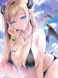 Rule 34 | 1girl, bangle, bare shoulders, bat tattoo, bikini, black bikini, blonde hair, blue eyes, blue sky, bracelet, breast tattoo, breasts, cleavage, covered erect nipples, day, demon girl, demon tail, demon wings, heart, heart necklace, highres, hololive, jewelry, kubota masaki, large breasts, leaning forward, lens flare, looking at viewer, necklace, outdoors, pointy ears, rainbow, sky, solo, string bikini, swimsuit, tail, tattoo, virtual youtuber, wet, wings, yuzuki choco
