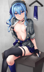 Rule 34 | 1girl, a re, absurdres, ascot removed, asymmetrical legwear, beret, black choker, black gloves, black thighhighs, blue eyes, blue hair, blue nails, blue ribbon, blue socks, breasts, changing room, choker, clothes hanger, clothes pull, crossed legs, crown, frilled skirt, frills, gloves, grin, hair ribbon, hat, highres, hololive, hoshimachi suisei, hoshimachi suisei (1st costume), kneehighs, looking at viewer, mini crown, mismatched legwear, nail polish, navel, nipples, open clothes, open shirt, partially fingerless gloves, plaid, plaid headwear, plaid shirt, plaid skirt, pulling own clothes, ribbon, shirt, shirt pull, side ponytail, sidelocks, single kneehigh, single sock, single thighhigh, sitting, skindentation, skirt, small breasts, smile, socks, solo, star (symbol), star choker, star in eye, symbol in eye, thigh strap, thighhighs, uneven legwear, virtual youtuber, wavy hair