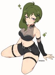 Rule 34 | 1girl, absurdres, artist name, bare shoulders, belt, black belt, black choker, black shirt, black shorts, black sleeves, breasts, choker, cleavage, cremanata, crop top, detached sleeves, green eyes, highres, kneeling, large breasts, looking at viewer, narrowed eyes, navel, purple eyes, shirt, short shorts, shorts, side ponytail, simple background, sleeveless, sleeveless shirt, solo, sousou no frieren, thigh strap, ubel (sousou no frieren), white background
