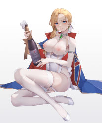 Rule 34 | 1girl, absurdres, alternate costume, azur lane, blonde hair, blue eyes, blush, bodystocking, bottle, breasts, cleavage, collarbone, commentary, covered navel, earrings, elbow gloves, full body, garter straps, gloves, high heels, highres, holding, holding bottle, hood (azur lane), jewelry, leotard, long hair, long sleeves, looking at viewer, medium breasts, necklace, nipples, on floor, open mouth, parted lips, partially fingerless gloves, ring, smile, solo, thighhighs, thighs, white background, white footwear, white gloves, white leotard, white thighhighs, wine bottle, wsfw