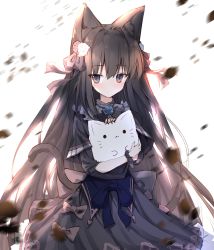 Rule 34 | 1girl, absurdres, animal, animal ear fluff, animal ears, arcaea, backlighting, bad id, bad twitter id, black bow, black capelet, black dress, blue bow, blush, bow, capelet, cat ears, cat girl, cat tail, closed mouth, commentary request, dress, flower, grey eyes, hair between eyes, hair bow, hair flower, hair ornament, highres, holding, holding animal, kemonomimi mode, light smile, long sleeves, red bow, red flower, red rose, rose, simple background, solo, tail, tairitsu (arcaea), tandohark, white background, white flower, white rose