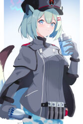Rule 34 | 1girl, absurdres, alcohol, animal ear fluff, animal ears, blue archive, blue eyes, bottle, camouflage, camouflage pants, cape, closed mouth, flask, gloves, gradient eyes, grey cape, grey gloves, grey headwear, grey jacket, hair ornament, hairclip, halo, highres, holding, holding bottle, holding flask, jacket, light green hair, looking at viewer, multicolored eyes, pants, purple eyes, scio 12, shigure (blue archive), smile, solo, standing, tail, vodka, weasel ears, weasel girl, weasel tail