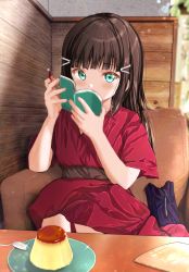 Rule 34 | 1girl, bad id, bad pixiv id, black hair, booklet, couch, covering own mouth, dress, food, fushimi asuha, green eyes, hair ornament, highres, kurosawa dia, long hair, looking at viewer, love live!, love live! sunshine!!, pen, plate, pudding, red dress, sidelocks, sitting, solo, spoon, table