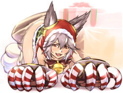 Rule 34 | 10s, 1girl, all fours, animal ears, ass, bell, blush, bow, box, breasts, claw (weapon), claws, convenient censoring, erune, fangs, fur trim, gift, gift box, granblue fantasy, grey hair, hair between eyes, hat, jingle bell, long hair, looking at viewer, noragami sota, nude, open mouth, red eyes, sack, sen (granblue fantasy), small breasts, smile, solo, striped, weapon