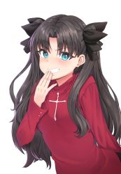 Rule 34 | 1girl, black hair, black ribbon, blue eyes, breasts, cross print, fate/stay night, fate (series), hair ribbon, highres, incloud, long hair, long sleeves, parted bangs, red sweater, ribbon, small breasts, smirk, solo, sweater, tohsaka rin, two side up, upper body