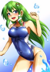 Rule 34 | 1girl, blue one-piece swimsuit, breasts, competition swimsuit, d-m (dii emu), frog hair ornament, green eyes, green hair, hair ornament, hair tubes, highres, kochiya sanae, long hair, looking at viewer, medium breasts, one-piece swimsuit, open mouth, smile, snake hair ornament, solo, swimsuit, touhou, water