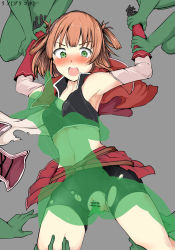 Rule 34 | 1girl, 5boys, assisted rape, bar censor, bike shorts, blush, censored, character name, copyright name, goblin, green eyes, highres, lying, midriff, mos yen, multiple boys, navel, on back, on ground, open mouth, penis, princess connect!, pussy, rape, restrained, rino (princess connect!), sex, torn clothes, vaginal