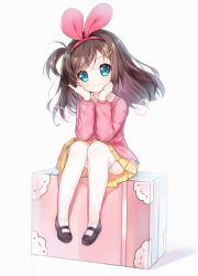 Rule 34 | 1girl, aged down, black footwear, brown hair, closed mouth, collared shirt, commentary request, detached wings, green eyes, hair ornament, hair ribbon, hairband, hairclip, head tilt, index finger raised, kindergarten uniform, kizuna ai, kizuna ai inc., long hair, long sleeves, looking at viewer, mary janes, mini wings, multicolored hair, pigeon-toed, pink hair, pink hairband, pink ribbon, pink shirt, pleated skirt, puffy long sleeves, puffy sleeves, ribbon, shirt, shoes, simple background, sitting, skirt, smile, solo, streaked hair, tengxiang lingnai, thighhighs, virtual youtuber, white background, white thighhighs, wings, yellow skirt