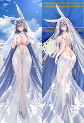 Rule 34 | 1girl, :d, absurdly long hair, animal ears, ass, azur lane, backless dress, backless outfit, bare shoulders, between buttocks, black footwear, black shoe, blue eyes, blue hair, blush, bouquet, breast cutout, breasts, breasts out, bridal veil, butt crack, cleavage, commentary request, dakimakura (medium), dasoey, dress, effectively nude, fake animal ears, flower, from behind, functionally nude, gloves, holding, holding bouquet, long hair, looking at viewer, multiple views, new jersey (azur lane), new jersey (snow-white ceremony) (azur lane), nipples, no bra, no panties, official alternate costume, open mouth, functionally nude, rabbit ears, revealing clothes, rose, see-through, smile, string, string of fate, veil, very long hair, wedding dress, white dress, white flower, white gloves, white rose