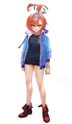 Rule 34 | 1girl, absurdres, ahoge, black shirt, blue archive, braid, hair between eyes, halo, headband, highres, jacket, long hair, long sleeves, looking at viewer, mole, mole under eye, neru (blue archive), open clothes, open jacket, red eyes, red hair, shirt, shoes, simple background, smile, solo, standing, teeth, white background, yanyo (ogino atsuki)