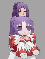 Rule 34 | 1girl, aroevela, doll, forehead, fumo (doll), grey background, highres, holding, holding doll, japanese clothes, kimono, long hair, looking at viewer, meira (touhou), ponytail, purple eyes, purple hair, simple background, solo, touhou, touhou (pc-98), upper body, white kimono