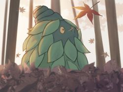 Rule 34 | autumn, autumn leaves, burmy, burmy (plant), commentary request, creatures (company), day, from below, game freak, gen 4 pokemon, highres, looking up, luna mokamoka, nintendo, no humans, outdoors, pokemon, pokemon (creature), solo, tree, yellow eyes