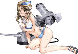 Rule 34 | 1girl, bikini, blue bikini, breasts, brown eyes, cleavage, full body, hat, houston (kancolle), kantai collection, large breasts, light brown hair, long hair, machinery, official art, sandals, sports sandals, swimsuit, torn bikini, torn clothes, transparent background, turret, zeco