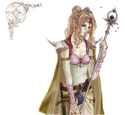 Rule 34 | 1990s (style), 1girl, armor, bandaged arm, bandages, belt, blue eyes, breasts, brown hair, cape, cleavage, closed mouth, collarbone, cowboy shot, expressionless, female focus, final fantasy, final fantasy iv, forehead jewel, holding, holding staff, lips, long hair, looking at viewer, lowres, retro artstyle, rosa farrell, sheath, sheathed, shoulder spikes, simple background, small breasts, solo, spikes, staff, standing, sword, tiara, wavy hair, weapon, white background