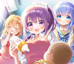 Rule 34 | 3girls, :d, ^ ^, absurdres, air conditioner, baby, baby bottle, blue eyes, blue hair, blush, bottle, bow, closed eyes, commentary request, day, eyes visible through hair, gochuumon wa usagi desu ka?, hair between eyes, hair bow, hair ornament, hairclip, hands on own cheeks, hands on own face, highres, hoto cocoa, indoors, kafuu chino, leaning forward, long hair, long sleeves, mozukun43, multiple girls, open mouth, orange hair, ponytail, puffy short sleeves, puffy sleeves, purple eyes, purple hair, short sleeves, signature, smile, sunlight, tedeza rize, white bow, x hair ornament