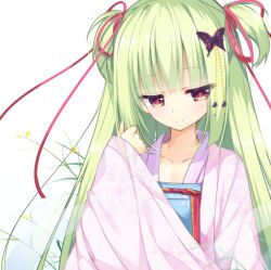 Rule 34 | 1girl, alternate costume, bell, blonde hair, blunt bangs, blunt ends, cariboy, closed mouth, collarbone, commentary request, dated commentary, grass, green hair, hair bell, hair ornament, hair ribbon, hime cut, japanese clothes, kimono, long hair, looking down, murasame (senren), purple kimono, red eyes, red ribbon, ribbon, senren banka, sidelocks, simple background, sleeves past wrists, smile, solo, straight hair, two side up, upper body, very long hair, white background, wide sleeves