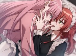 Rule 34 | 2girls, blue eyes, blush, bocchi the rock!, commentary request, finger in another&#039;s mouth, gotoh hitori, green eyes, jacket, kita ikuyo, maid, maid headdress, multiple girls, parted lips, pink hair, pink jacket, pink track suit, red hair, rk g1x, teeth, tongue, yuri