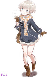 Rule 34 | 1girl, adapted costume, artist name, bag, black neckerchief, blue dress, blue eyes, blue sailor collar, boots, brown footwear, brown gloves, checkered clothes, checkered scarf, dress, fuji (pixiv24804665), full body, fur-trimmed dress, fur trim, gloves, grey hair, highres, kantai collection, neckerchief, sailor collar, sailor dress, scarf, short hair, shoulder bag, simple background, solo, waving, white background, z1 leberecht maass (kancolle)