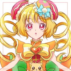 Rule 34 | 1girl, blonde hair, brooch, commentary, cure yum-yum, delicious party precure, drill hair, eyelashes, fpminnie1, hair ornament, hanamichi ran, heart, heart brooch, highres, jewelry, looking at viewer, magical girl, mem-mem (precure), pink eyes, precure, simple background, sketch, solo, twintails, white background
