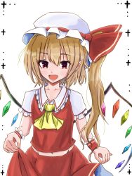 Rule 34 | 1girl, ascot, blonde hair, blush, breasts, collarbone, collared shirt, cowboy shot, fang, flandre day, flandre scarlet, frilled shirt collar, frilled sleeves, frills, hair between eyes, hat, hat ribbon, higurashi7956, long hair, mob cap, multicolored wings, pointy ears, red eyes, red ribbon, red skirt, red vest, ribbon, shirt, short sleeves, side ponytail, simple background, skirt, skirt hold, small breasts, solo, touhou, vest, white background, white hat, white shirt, wings, wrist cuffs, yellow ascot